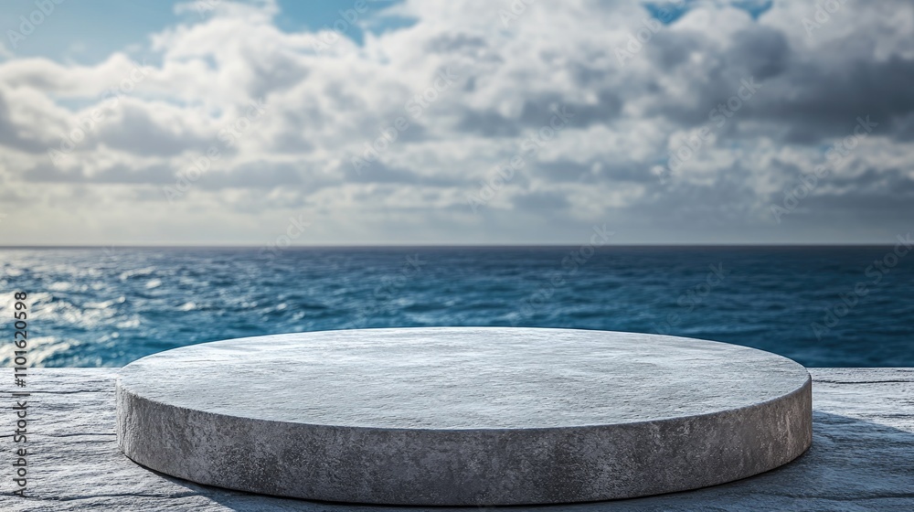 Circular stone podium atop a textured stone surface, set against a vibrant blue ocean and a partly cloudy sky, capturing natural beauty and tranquility. Circular stone podium atop a textured stone surface, set against a vibrant blue ocean and a partly cloudy sky, capturing natural beauty and tranquility.
