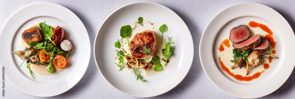 Gourmet dishes beautifully presented on white plates, showcasing culinary artistry. Gourmet dishes beautifully presented on white plates, showcasing culinary artistry.