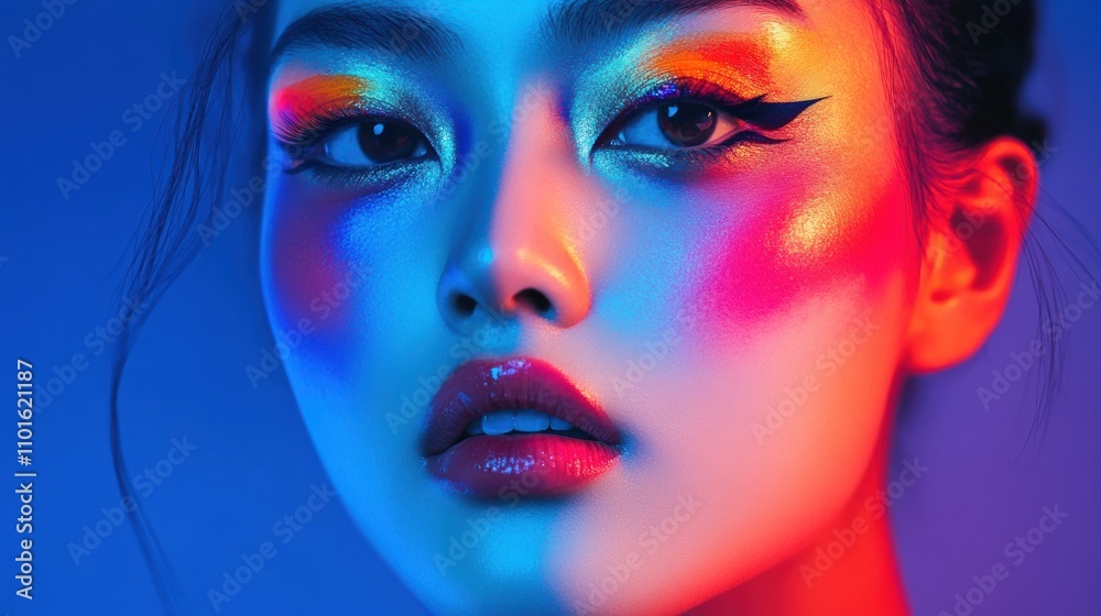 An Asian woman with artistic makeup, featuring a bold, colorful design around her eyes, her face illuminated by bright studio lights, capturing her creative and expressive look An Asian woman with artistic makeup, featuring a bold, colorful design around her eyes, her face illuminated by bright studio lights, capturing her creative and expressive look