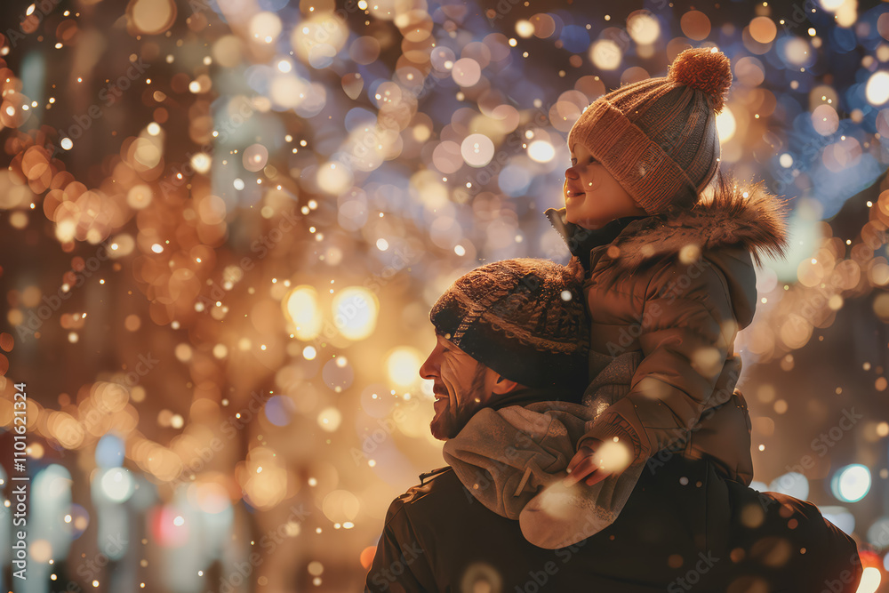 Happy New Year, Happy Family, Little Kid Sitting on Father's Shoulder in Snow with Lights. Happy New Year, Happy Family, Little Kid Sitting on Father's Shoulder in Snow with Lights.