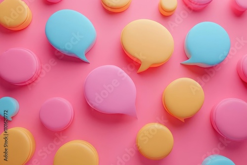 Colorful speech bubbles in pastel shades scattered on a pink background, creating a playful and vibrant visual theme ideal for communication concepts.