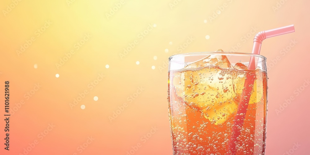 Refreshing beverage with ice and a straw against a vibrant gradient backdrop. Refreshing beverage with ice and a straw against a vibrant gradient backdrop.
