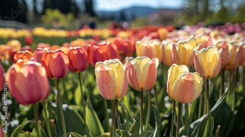 A stunning display of tulips in full bloom, filling the field with vibrant colors beneath a sunny, blue sky. The endless rows of flowers radiate joy and capture the essence of spring. photo