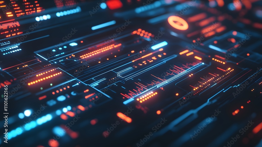 Abstract Digital Circuitry Glowing Neon Red And Blue