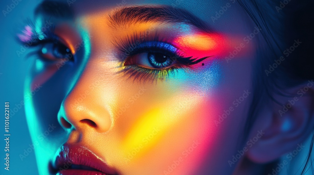 An Asian woman with artistic makeup, featuring a bold, colorful design around her eyes, her face illuminated by bright studio lights, capturing her creative and expressive look An Asian woman with artistic makeup, featuring a bold, colorful design around her eyes, her face illuminated by bright studio lights, capturing her creative and expressive look