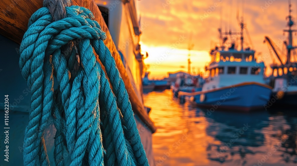 Obraz premium A stunning sunrise view of fishing boats docked along the shore, with textured blue ropes and an orange sky reflecting the peaceful start of the day
