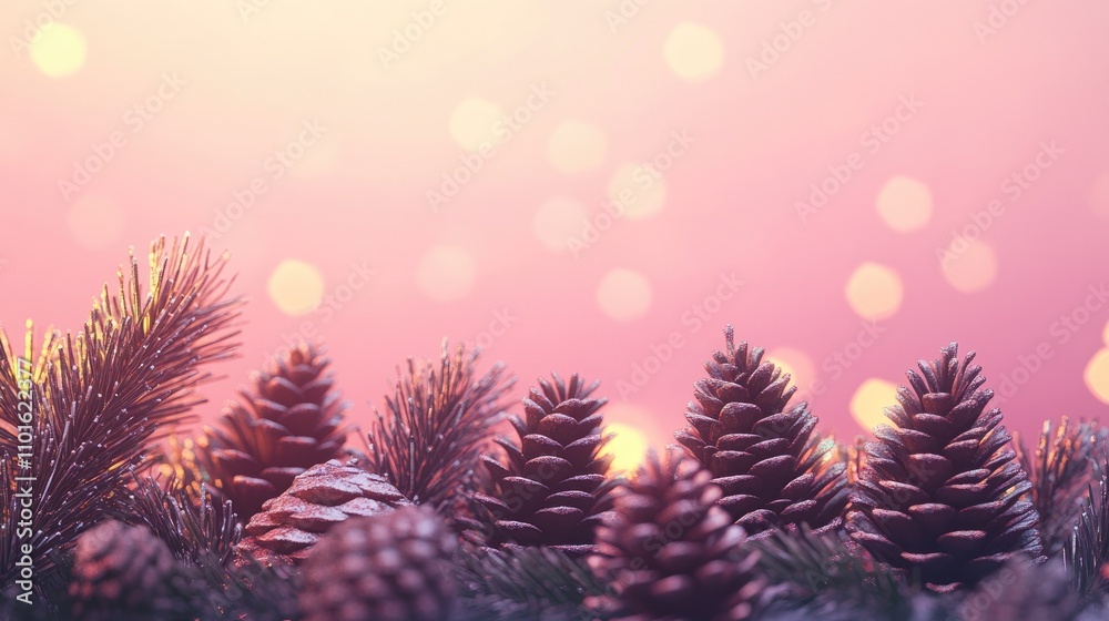 Christmas tree border adorned with pine cones and soft bokeh lights set against a warm pink background, creating a festive and cozy atmosphere. Christmas tree border adorned with pine cones and soft bokeh lights set against a warm pink background, creating a festive and cozy atmosphere.