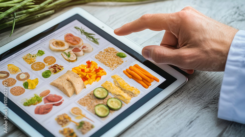 doctor hand interacts with tablet displaying various healthy food options, emphasizing nutrition and meal planning. image conveys focus on health and wellness photo