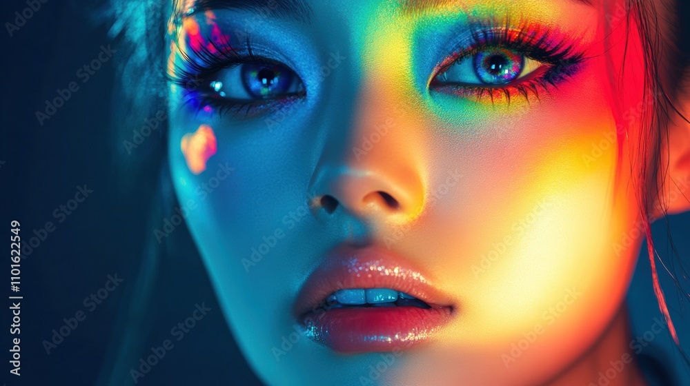 An Asian woman with artistic makeup, featuring a bold, colorful design around her eyes, her face illuminated by bright studio lights, capturing her creative and expressive look An Asian woman with artistic makeup, featuring a bold, colorful design around her eyes, her face illuminated by bright studio lights, capturing her creative and expressive look