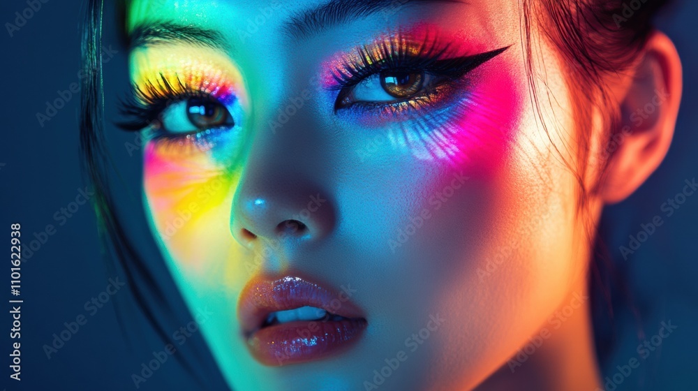 An Asian woman with artistic makeup, featuring a bold, colorful design around her eyes, her face illuminated by bright studio lights, capturing her creative and expressive look An Asian woman with artistic makeup, featuring a bold, colorful design around her eyes, her face illuminated by bright studio lights, capturing her creative and expressive look
