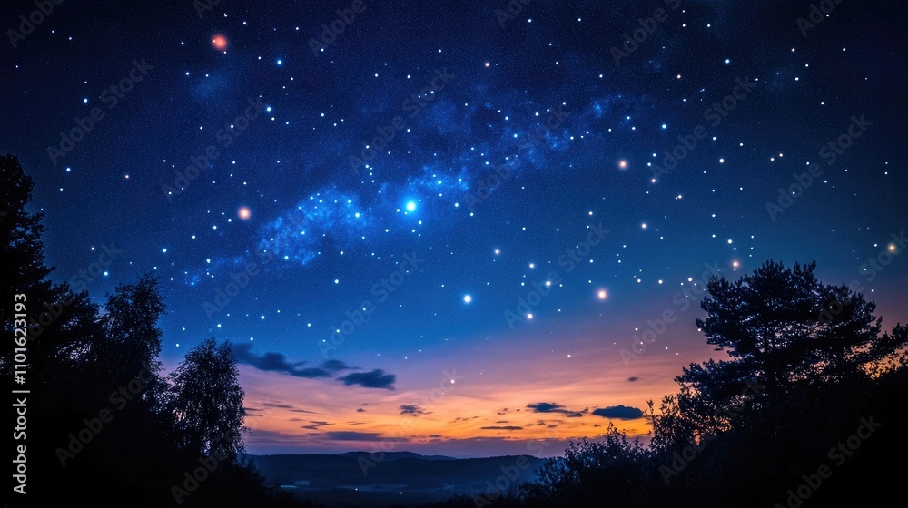 Stunning Starry Night Sky with a Deep Blue Canvas and Glittering Stars over Silhouetted Trees at Dusk Stunning Starry Night Sky with a Deep Blue Canvas and Glittering Stars over Silhouetted Trees at Dusk