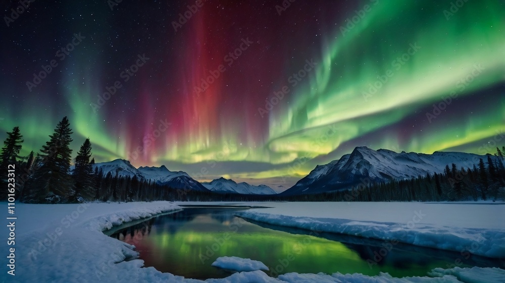 landscape with snow aurora and mountains landscape with snow aurora and mountains