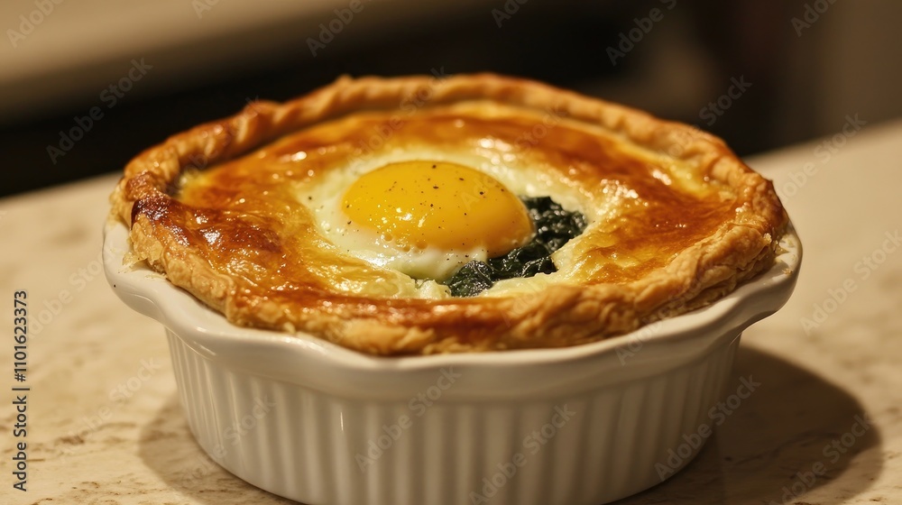 Elegant baked spinach and egg pie featuring a golden pastry crust and a perfectly cooked yolk atop a bed of spinach, served in a white dish. Elegant baked spinach and egg pie featuring a golden pastry crust and a perfectly cooked yolk atop a bed of spinach, served in a white dish.