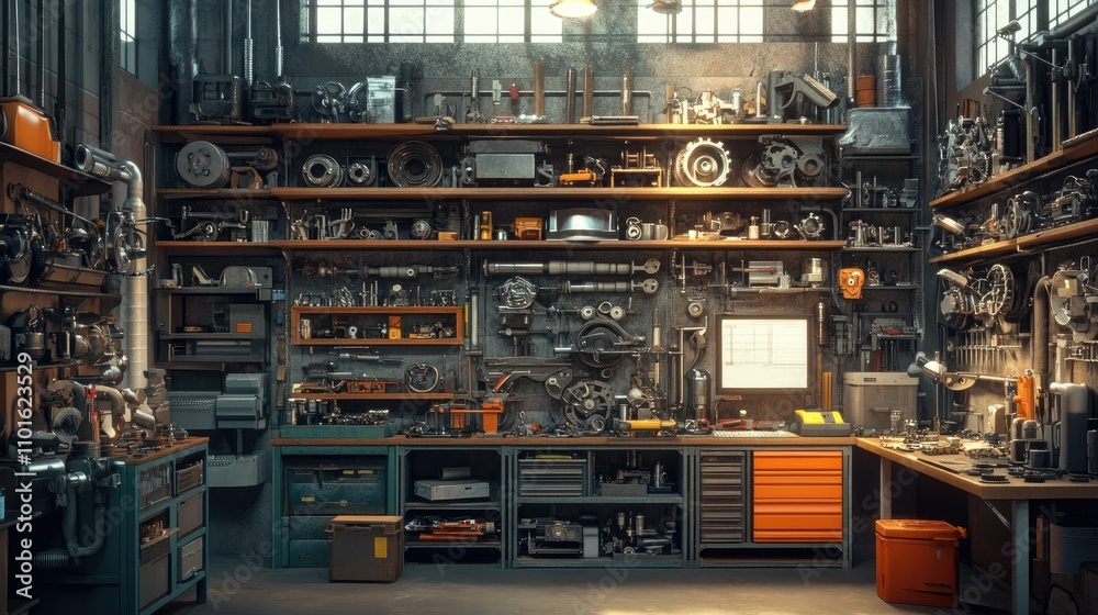 A vibrant industrial workshop with neatly organized shelves packed with mechanical parts, tools, and gears in a well-lit space A vibrant industrial workshop with neatly organized shelves packed with mechanical parts, tools, and gears in a well-lit space