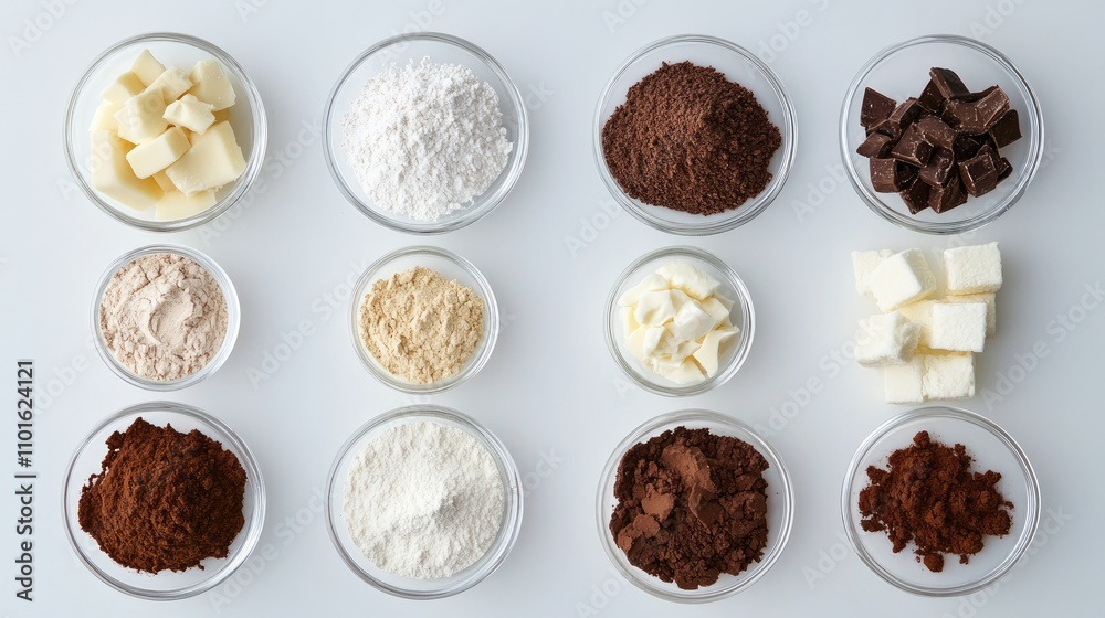 Variety of Baking Ingredients in Clear Bowls on a White Surface Including Butter, Flour, Cocoa, and Chocolate Chunks Variety of Baking Ingredients in Clear Bowls on a White Surface Including Butter, Flour, Cocoa, and Chocolate Chunks