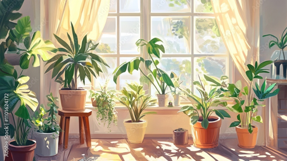 Sunlit Windowsill With Various Houseplants In Pots Sunlit Windowsill With Various Houseplants In Pots