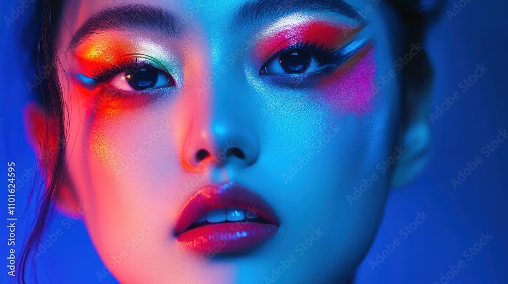 An Asian woman with artistic makeup, featuring a bold, colorful design around her eyes, her face illuminated by bright studio lights, capturing her creative and expressive look An Asian woman with artistic makeup, featuring a bold, colorful design around her eyes, her face illuminated by bright studio lights, capturing her creative and expressive look