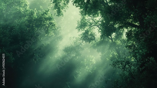 Lush green forest shrouded in thick fog with ethereal light rays filtering through trees, creating a serene and mysterious morning ambiance