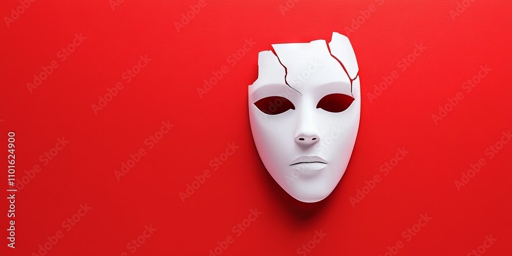 The Cyberbullying with anonymity concept. Broken white mask on a vibrant red background. The Cyberbullying with anonymity concept. Broken white mask on a vibrant red background.