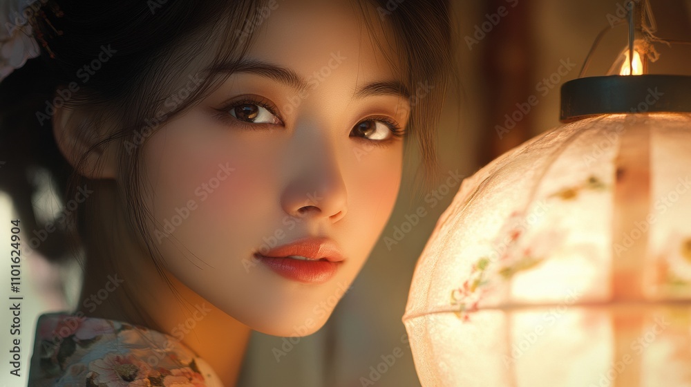 Naklejka premium An Asian woman with delicate features and a soft smile, her face illuminated by the warm light of a traditional lantern, creating a serene and elegant atmosphere