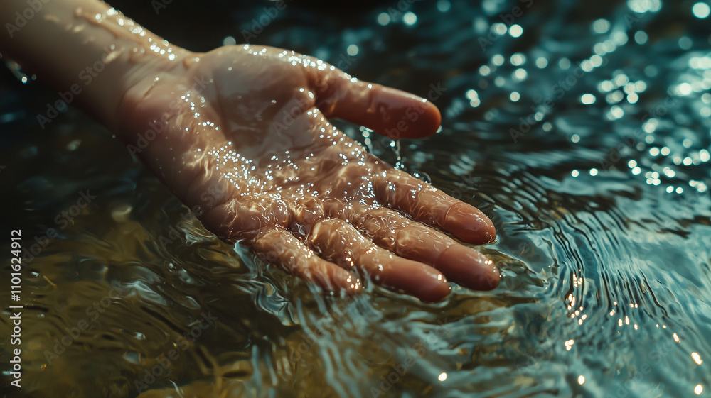 Fototapeta premium macro shot of hand with water droplets glistening in sunlight, creating serene and tranquil atmosphere. rippling water enhances beauty of moment
