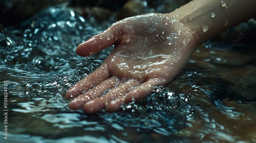 Fototapeta premium macro shot of hand reaching into water, showcasing droplets glistening on skin. serene moment captures beauty of nature and connection between human and water