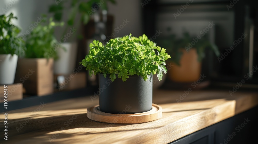 Vibrant organic parsley in a sleek black pot sits elegantly on a wooden surface, showcasing lush greenery in a well-lit retail space. Vibrant organic parsley in a sleek black pot sits elegantly on a wooden surface, showcasing lush greenery in a well-lit retail space.