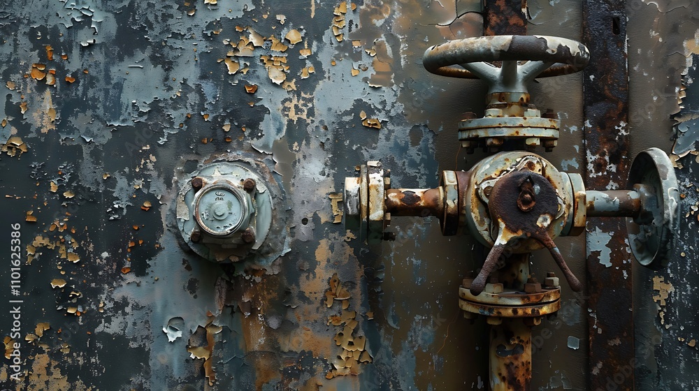 A close-up of a weathered industrial valve and pipe, showcasing rust and peeling paint on a metal surface. A close-up of a weathered industrial valve and pipe, showcasing rust and peeling paint on a metal surface.