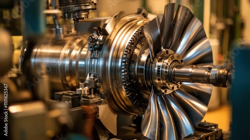 A turbine rotor balancing machine in action, precisely calibrating a turbocharger rotor. The detailed view captures the precision of repair and maintenance in high-performance engineering.