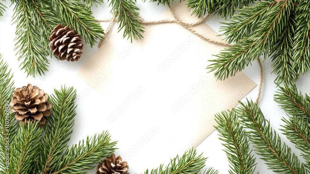 Eco-friendly envelope with holiday letter, surrounded by fir branches and pine cones, featuring a natural rope for a rustic touch and ample copy space. Eco-friendly envelope with holiday letter, surrounded by fir branches and pine cones, featuring a natural rope for a rustic touch and ample copy space.