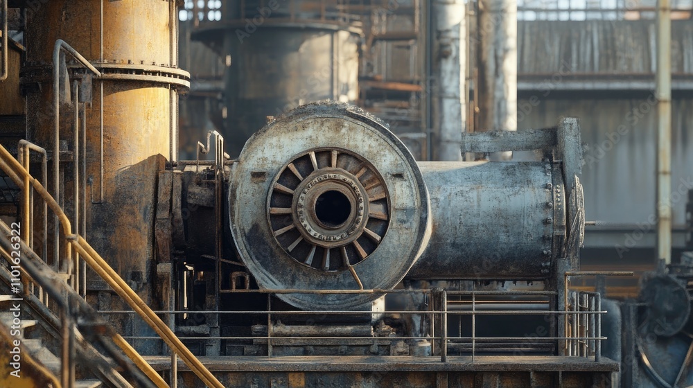 An industrial machine operating in a harsh processing environment, with worn-out textures, metal surfaces, and mechanical components in focus