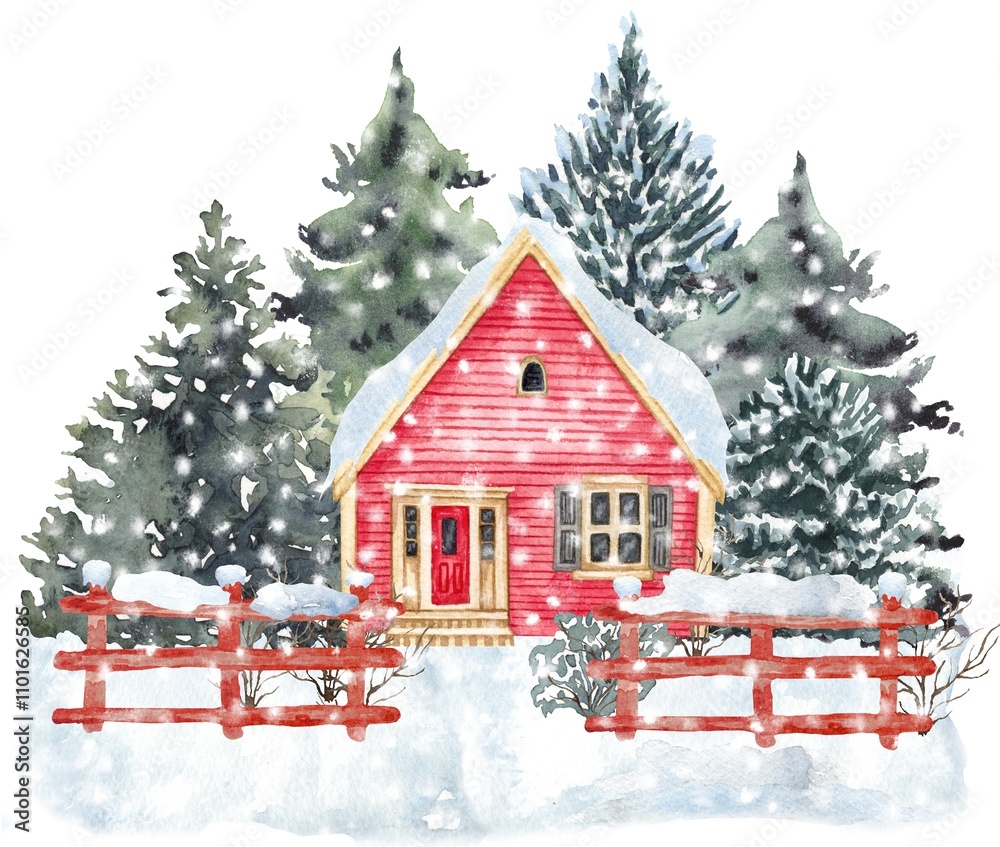 Fototapeta premium Winter landscape house and trees. Christmas scene