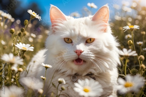 A majestic white cat with a contagious laughter, its fur glistening in the sunlight as it playfully rolls around in a field of daisies.