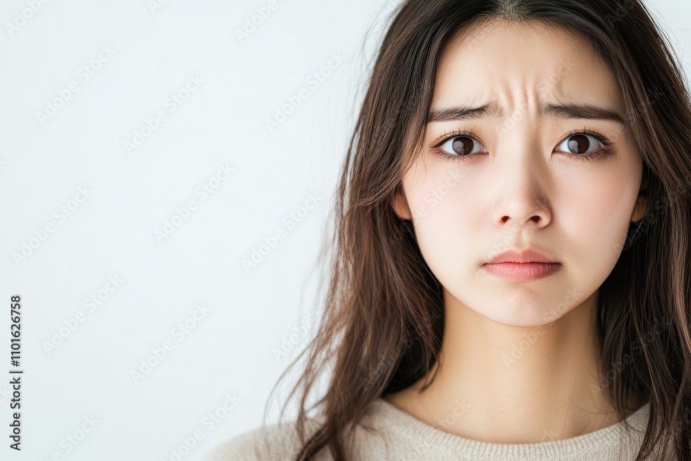 Asian woman with a single tear rolling down her cheek, soft white background, strength in vulnerability Asian woman with a single tear rolling down her cheek, soft white background, strength in vulnerability
