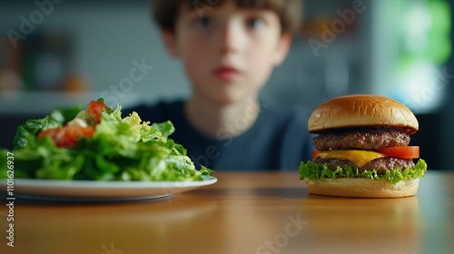 A young boy gazes thoughtfully at a delicious cheeseburger and a fresh salad, highlighting the contrast between indulgence and healthy eating. healthy or fatty? photo