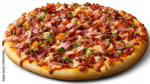 Pizza with crispy bacon, ham, and a colorful mix of fresh vegetables on a golden crust, showcasing a delicious and hearty topping combination.