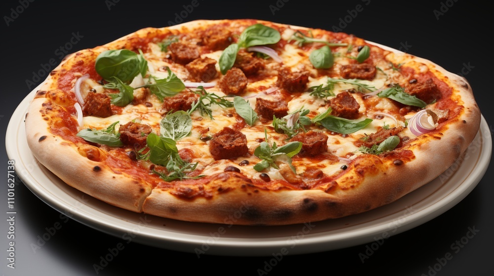 A close-up of a traditional Italian pizza with rich toppings and a crispy crust, isolated on a white background for a clean and appetizing presentation. A close-up of a traditional Italian pizza with rich toppings and a crispy crust, isolated on a white background for a clean and appetizing presentation.