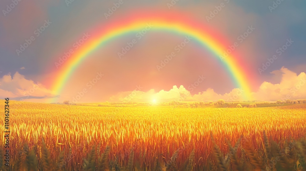 A vibrant rainbow spans the sky over a field of grain, its colors shining brightly. The sun casts a warm glow on the peaceful landscape after the storm. A vibrant rainbow spans the sky over a field of grain, its colors shining brightly. The sun casts a warm glow on the peaceful landscape after the storm.
