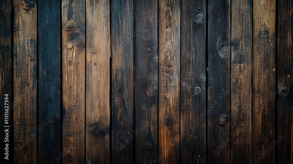 Naklejka premium Rich dark brown wooden texture with weathered planks, featuring deep grain patterns and a rustic finish, ideal for backgrounds or design elements.