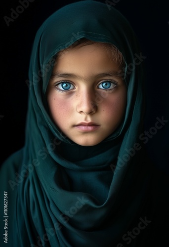 Portrait of an extremely beautiful young woman wearing a green hijab, with amazing big blue eyes. This award-winning photography