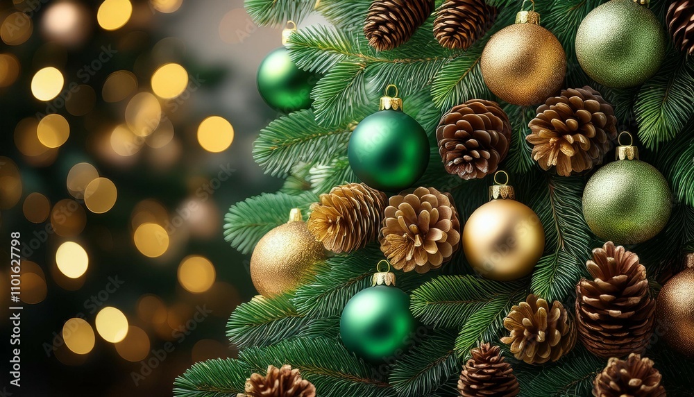 close up of christmas tree with golden and green baubles glitter pinecones and branches close up of christmas tree with golden and green baubles glitter pinecones and branches
