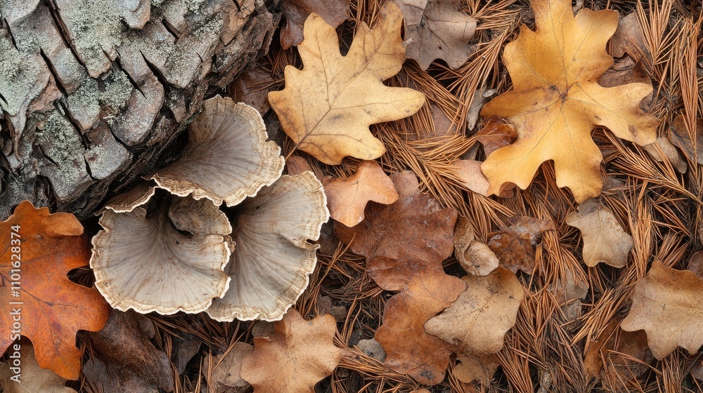 Autumn forest floor showcasing textured pine bark, vibrant oak leaves, and a rich carpet of dry pine needles and brown foliage.