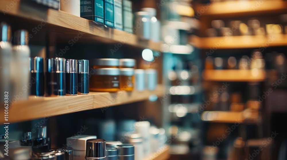 Shelf display of luxury skincare products in soft lighting Shelf display of luxury skincare products in soft lighting