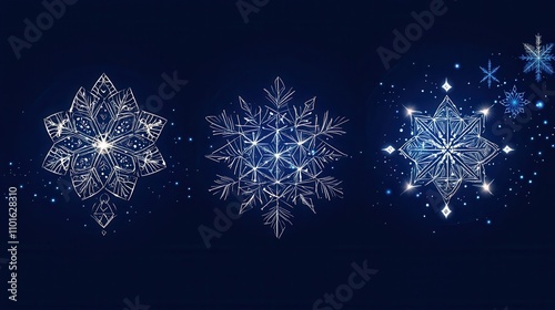 A collection of intricate snowflake designs on a dark background.