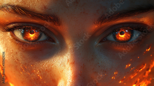 Dramatic close-up of a woman's eyes glowing with fiery orange light during a vivid artistic representation. Generative AI