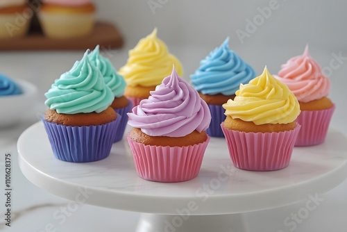 Seven cupcakes with frosting in various vibrant colors served on a round white tray