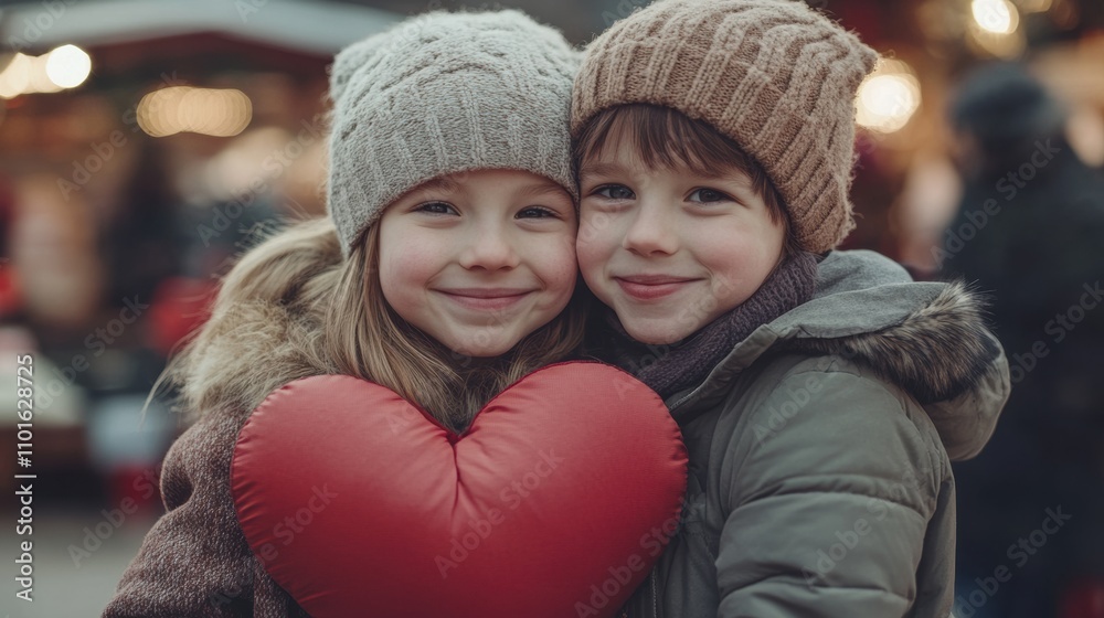 Happy children holding a heart pillow at a winter market Happy children holding a heart pillow at a winter market