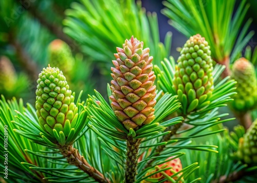 Captivating Low Light Photography of Young Cones on Dwarf Mountain Pine (Pinus mugo) Showcasing Nature's Intricate Details in a Serene Forest Setting