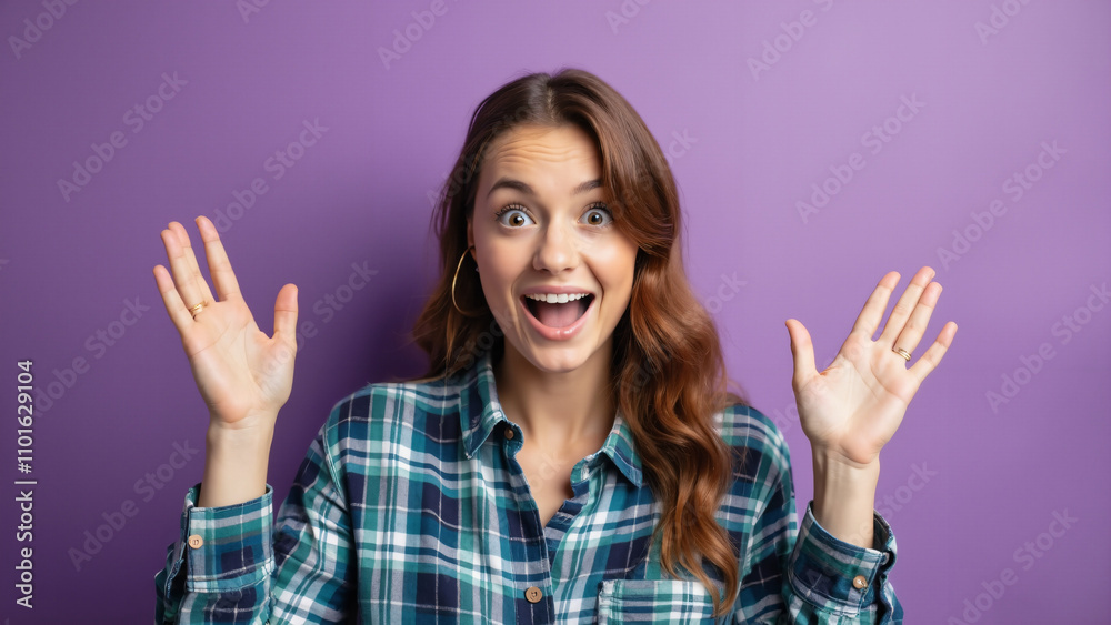 Excited Woman in Plaid Shirt: Perfect for Marketing Campaigns, E-commerce, and Lifestyle Brand Advertising Excited Woman in Plaid Shirt: Perfect for Marketing Campaigns, E-commerce, and Lifestyle Brand Advertising