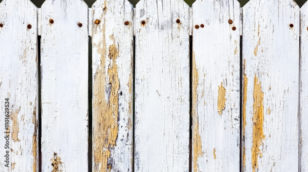 Close-up of a weathered wooden fence with textured peeling white paint and rusty nails, highlighting age and rustic charm. Close-up of a weathered wooden fence with textured peeling white paint and rusty nails, highlighting age and rustic charm.